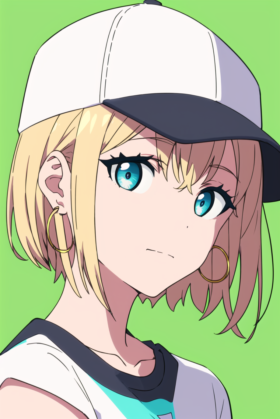 3978526882-2071260457-gridman, masterpiece, best quality, 1girl, aqua eyes, baseball cap, blonde hair, closed mouth, earrings, green background, hat,.png